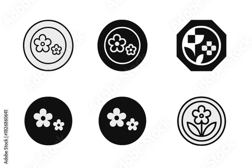 Edible Flowers Logos. Cooking with edible flowers. Icon set. Set Logo of cooking with edible flowers: dish garnished with flowers. harmonious logo variations