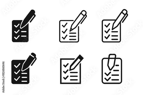 Morning Checklist Icons. Planning the workday with a morning checklist. Icon set. Set Logo of planning the workday with a morning checklist: pen and to-do