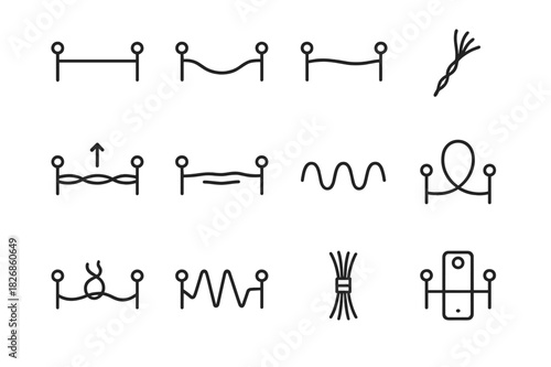 Thread Tension Icons. Thread tension. Line icon set of thread tension: taut thread, loose thread, twisted yarn, frayed end, pulled thread, stretched fiber,