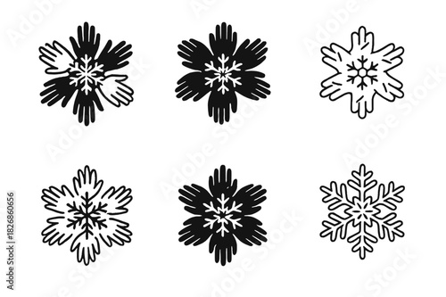 Charity Snowflake Logos. Winter Holiday Themed Charity Event. Icon set. Set Logo of community celebration: snowflake merged with helping hands. harmonious logo