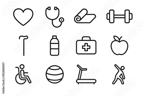 Health Icon Set. Health and wellness. Line icon set of Health and wellness: heart, stethoscope, yoga mat, dumbbell, walking stick, water bottle, medical kit,