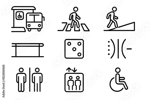Accessible Icon Set. Accessible public spaces. Line icon set of Accessible public spaces: bus stop with accessibility, sidewalk curb cut, pedestrian crossing,