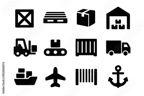 Warehouse Icon Set. Warehouse storage. Solid icon set of Warehouse storage: crate, pallet, box, warehouse, forklift, conveyor belt, shipping container, truck,