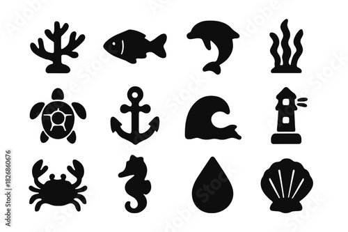 Marine Conservation Icons. Marine conservation. Solid icon set of marine conservation: coral, fish, dolphin, seaweed, turtle, anchor, wave, lighthouse, crab,