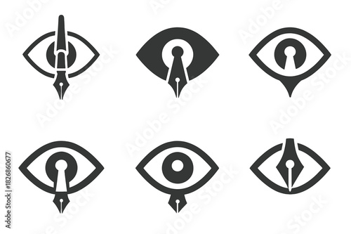 Journalism Ethics Icons. Journalism ethics and bias. Icon set. Set Logo of journalism ethics and bias: journalist?s pen and eye forming symbol of objectivity.