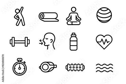 Mindful Recovery Icons. Mindful Recovery. Line icon set of Mindful Recovery: stretching, yoga mat, meditation pose, gym ball, dumbbell, breathing exercise,