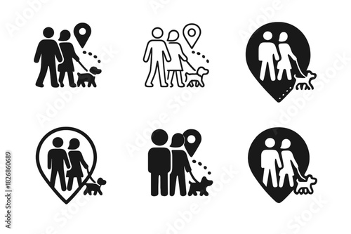 Dog Walk Icons. A couple walking their dog together in the neighborhood. Icon set. Set Logo of A couple walking their dog together in the neighborhood: map pin