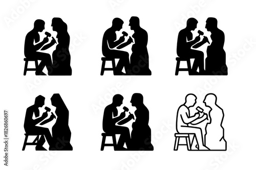 Sculptor's Icon Set. Sculptor working on a stone statue. Icon set. Set Logo of sculptor working on a stone statue: half-finished sculpture. harmonious logo