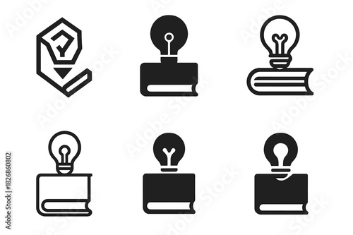 Textbook Logo Variations. textbook. Icon set. Set Logo of textbook: light bulb over book. harmonious logo variations of the same emblematic concept, each with