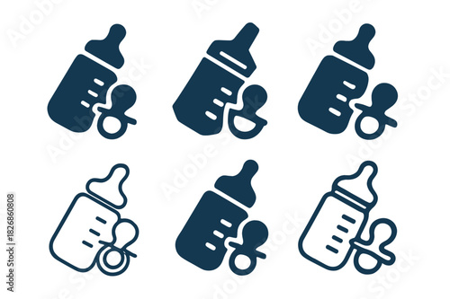Baby Care Logos. Baby care. Icon set. Set Logo of baby care: Baby bottle and pacifier. harmonious logo variations of the same emblematic concept, each with
