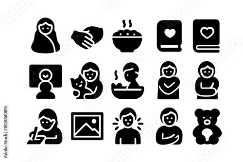 Acts of Comfort Icons. Acts of comfort. Solid icon set of Acts of comfort: wrapped blanket, soft touch, comfort food, favorite book, favorite show, pet cuddle,
