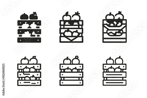 Produce Logo Variations. produce display. Icon set. Set Logo of produce display: stacked produce boxes. harmonious logo variations of the same emblematic