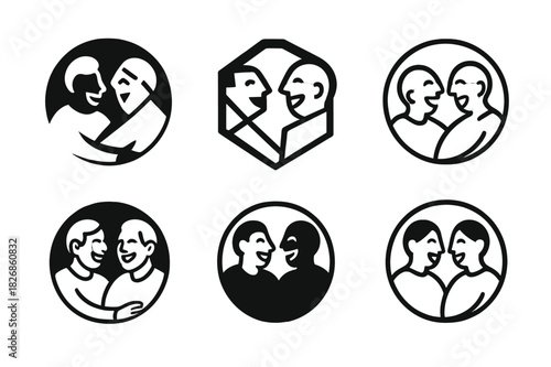 Laughter Icon Set. People in moments of laughter and camaraderie. Icon set. Set Logo of joyful connection: shared joke moment. harmonious logo variations of