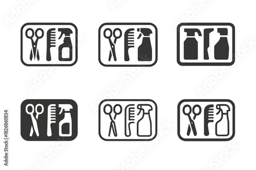 Barbershop Logo Variations. At the Barbershop. Icon set. Set Logo of At the Barbershop: Barber Tools Tray. harmonious logo variations of the same emblematic