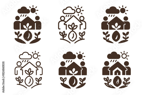 Rural Climate Adaptation Logos. Rural communities and their adaptation to changing climates. Icon set. Set Logo of Rural communities and their adaptation to