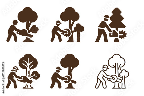 Forestry Work Icons. Loggers cutting trees in forests. Icon set. Set Logo of forestry work: circular saw and timber emblem. harmonious logo variations of the