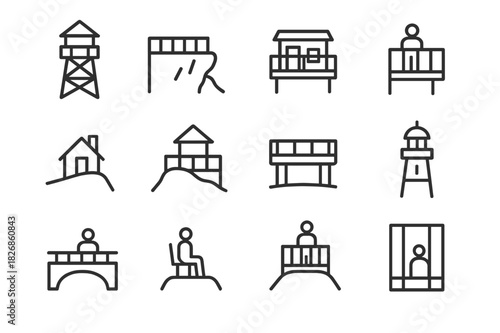 Observation Point Icons. Observation points. Line icon set of observation points: lookout tower, cliff platform, rooftop terrace, balcony edge, mountain hut,
