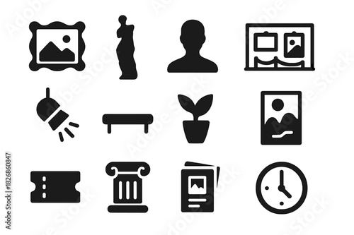 Art Gallery Icons. Art gallery. Solid icon set of art gallery: picture frame, sculpture, person silhouette, wall, spotlight, bench, plant, abstract painting,