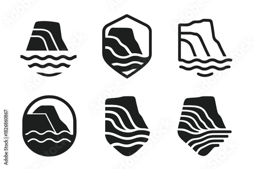 Coastal Cliff Icon Variations. Coastal cliffs and rugged shorelines. Icon set. Set Logo of Coastal cliffs and rugged shorelines: erosion strata layers.