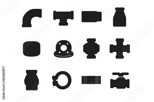 Pipe Fittings Icons. Pipe Assembly. Solid icon set of elbow, T-joint, coupler, reducer, cap, flange, union, cross fitting, adapter, clamp, nipple, ball valve.