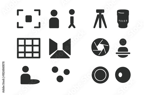 Photography Icons Set. Photography Essentials. Solid icon set of Photography Essentials: DSLR camera, tripod, soft light, reflector, aperture icon, lens,