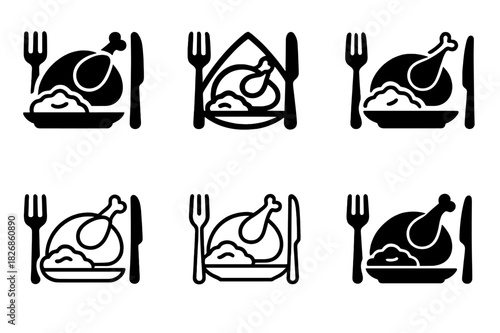 Roasted Chicken Logos. Preparing a roasted chicken with a side of mashed potatoes. Icon set. Set Logo of roasted chicken meal: roasted chicken with herbs.
