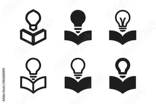 Textbook Logo Variations. textbook. Icon set. Set Logo of textbook: light bulb over book. harmonious logo variations of the same emblematic concept, each with