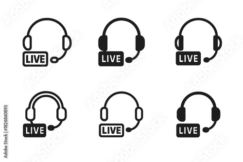 Broadcast Journalism Icons. Broadcast journalism. Icon set. Set Logo of Broadcast journalism: anchor headset with live badge. harmonious logo variations of the