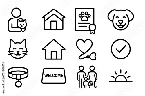 Adopting Strays Icon Set. Adopting strays. Line icon set of adopting strays: pet adoption icon, shelter building, paw certificate, smiling dog, happy cat, home