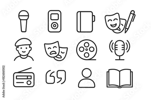 Cultural Interview Icons. Cultural interviews. Line icon set of cultural interviews: microphone, voice recorder, notebook, pen, artist icon, theater mask, film