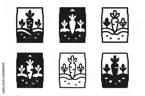 Vegetable Patch Icons. Vegetable Patch. Icon set. Set Logo of Vegetable Patch: seed packet. harmonious logo variations of the same emblematic concept, each