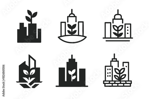 Urban Rooftop Garden Logos. Rooftop garden designs in big cities. Icon set. Set Logo of Rooftop garden designs in big cities: urban skyline roof garden.