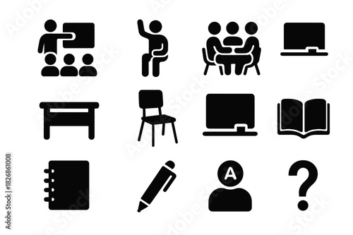 Classroom Interaction Icons. Classroom interaction. Solid icon set of Classroom interaction: teacher pointing, student raising hand, group discussion, desk,