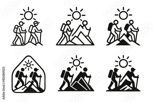 Mountain Hiking Logos. People hiking in the mountains on a warm day. Icon set. Set Logo of hiking: hikers under bright sun. harmonious logo variations of the