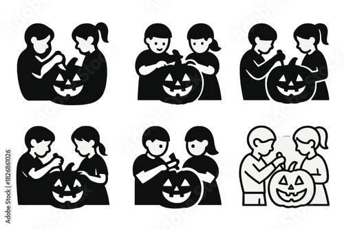 Pumpkin Carving Icons. Children Carving Pumpkins for Halloween. Icon set. Set Logo of Children Carving Pumpkins for Halloween: carving stencil sheet.