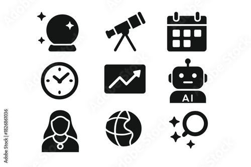 Future Insight Icons. Future Insights. Solid icon set of crystal ball, telescope, calendar, clock, graph, AI robot, light bulb, globe, stars, fortune teller,
