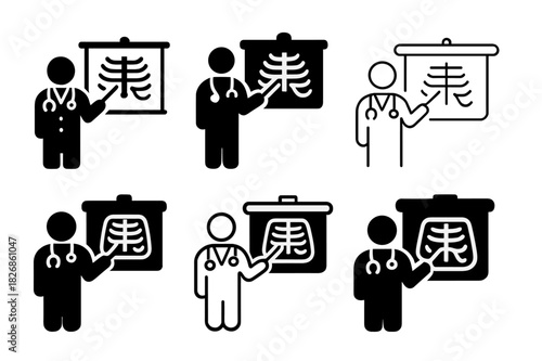 X-ray Logo Variations. Doctor explaining X-ray results. Icon set. Set Logo of Doctor explaining X-ray results: doctor using laser pointer on projected X-ray.