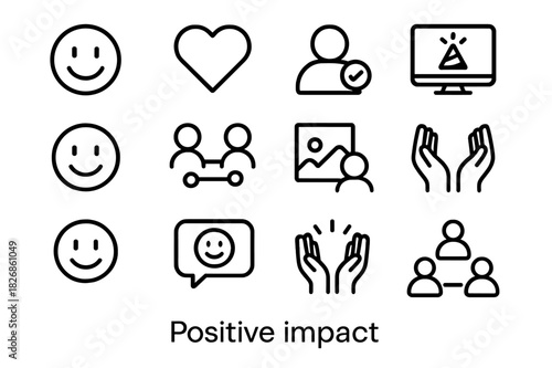 Positive Impact Icon Set. Positive impact. Line icon set of positive impact: happy emoji, heart icon, friend request accepted, online celebration, smile icon,