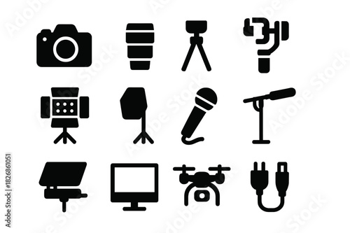 Production Equipment Icons. Equipment. Solid icon set of production equipment: camera, lens, tripod, gimbal, lighting kit, softbox, microphone, boom,