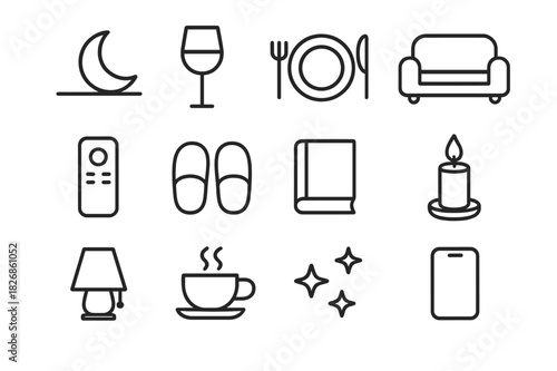 Thursday Evening Icons. Thursday evening. Line icon set of Thursday evening: moonrise, wine glass, dinner plate, couch, remote control, slippers, book, candle,