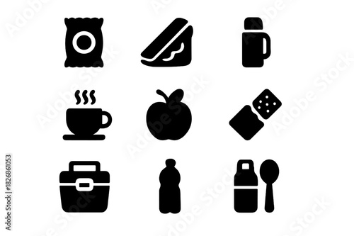 Snacks and Drinks Icons. Snacks and Drinks. Solid icon set of Snacks and Drinks: chips bag, sandwich, thermos, coffee cup, fruit, granola bar, cooler box,