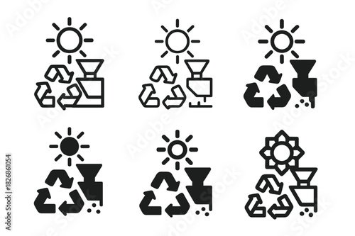 Innovative Recycling Logos. Plastic recycling and upcycling innovations. Icon set. Set Logo of Plastic recycling and upcycling innovations: solar-powered micro