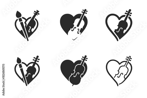Artistic Affection Icons. Love and affection through artistic expressions (painting, music). Icon set. Set Logo of love and affection through