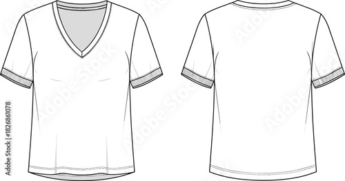 Short sleeve V-neck T-shirt technical flat sketch with detailed stitching, perfect for fashion design templates, garment drawings and apparel illustrations