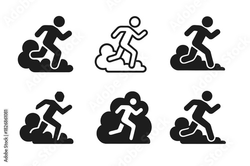 Runner Logo Variations. running through smoke. Icon set. Set Logo of running through smoke: runner and cloud. harmonious logo variations of the same emblematic