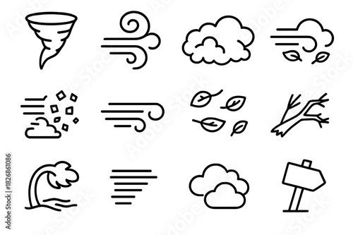 Twister Icon Set. Twister elements. Line icon set of Twister elements: tornado funnel, swirling wind, dust cloud, flying debris, gust lines, flying leaves,