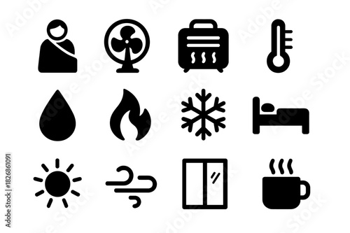Thermal Comfort Icons. Thermal comfort. Solid icon set of thermal comfort: person with blanket, fan, heater, thermometer, water droplet, flame, snowflake, bed,