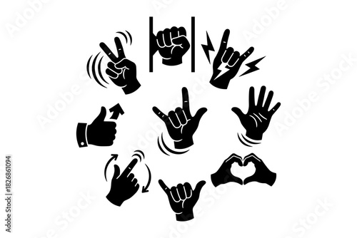 Collection of Diverse Hand Gestures and Symbols Representing Com