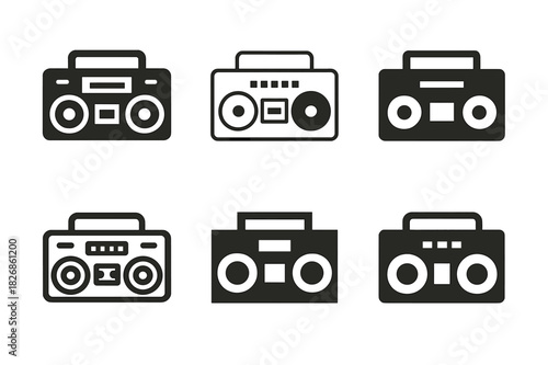 Vintage Electronics Icons. Decorating with vintage electronics. Icon set. Set Logo of Decorating with vintage electronics: cassette boombox with twin speakers.