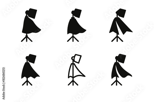 Cosplay Photography Logos. Cosplay photography studio. Icon set. Set Logo of cosplay photography: light stand and cape. harmonious logo variations of the same